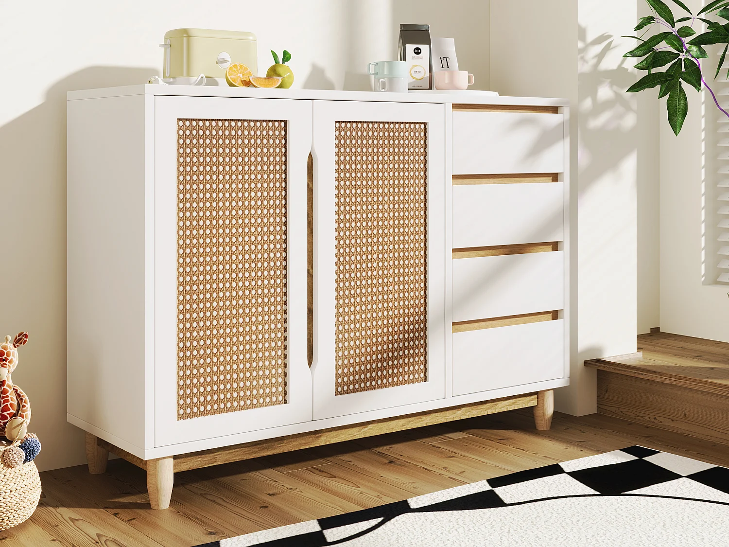 Dressoir met 4 deuren 2 lades - Rotan patroon - Massief houten poten - Wit + eiken