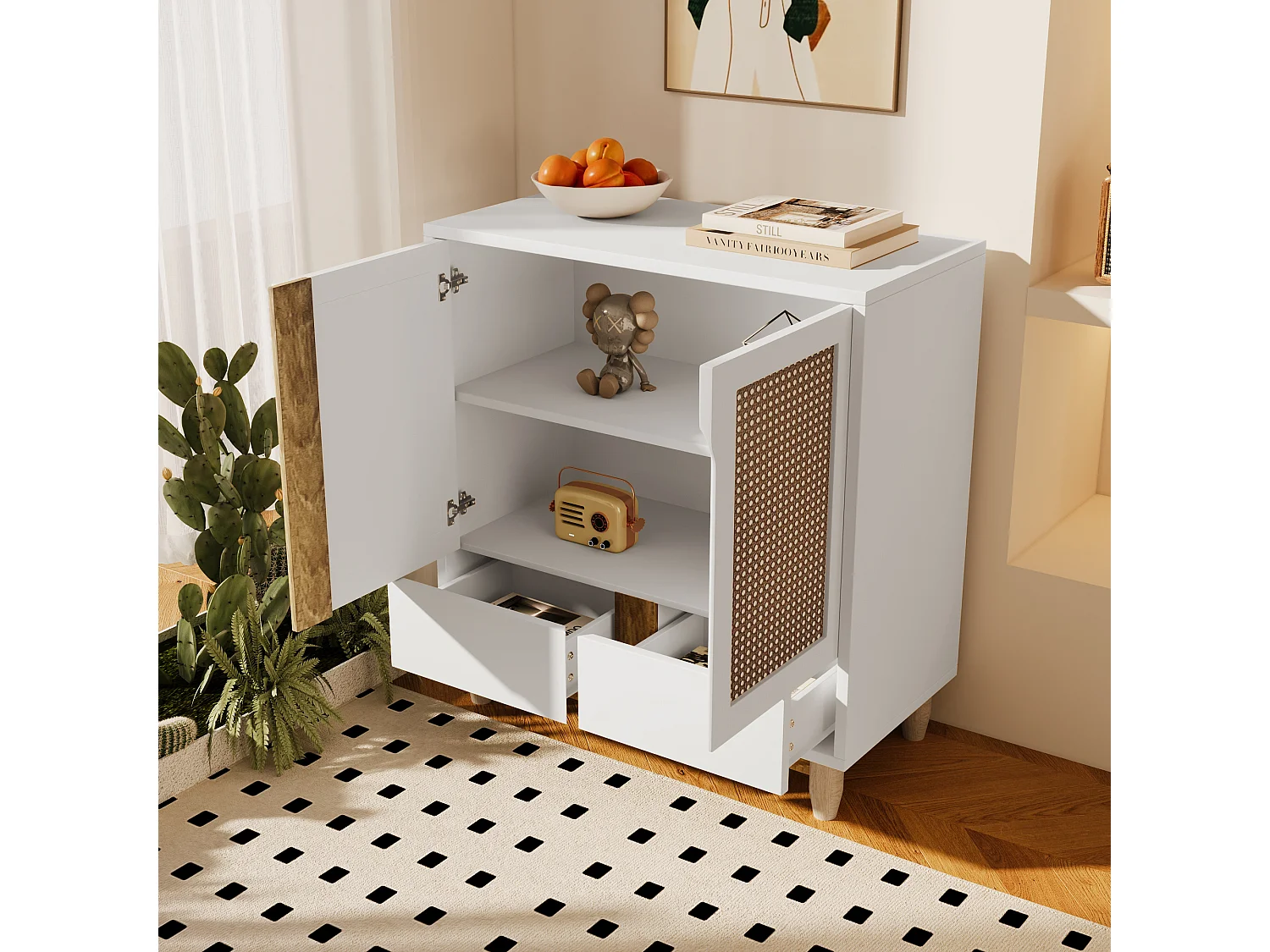 Dressoir met 4 deuren 2 lades - Rotan patroon - Massief houten poten - Wit + eiken