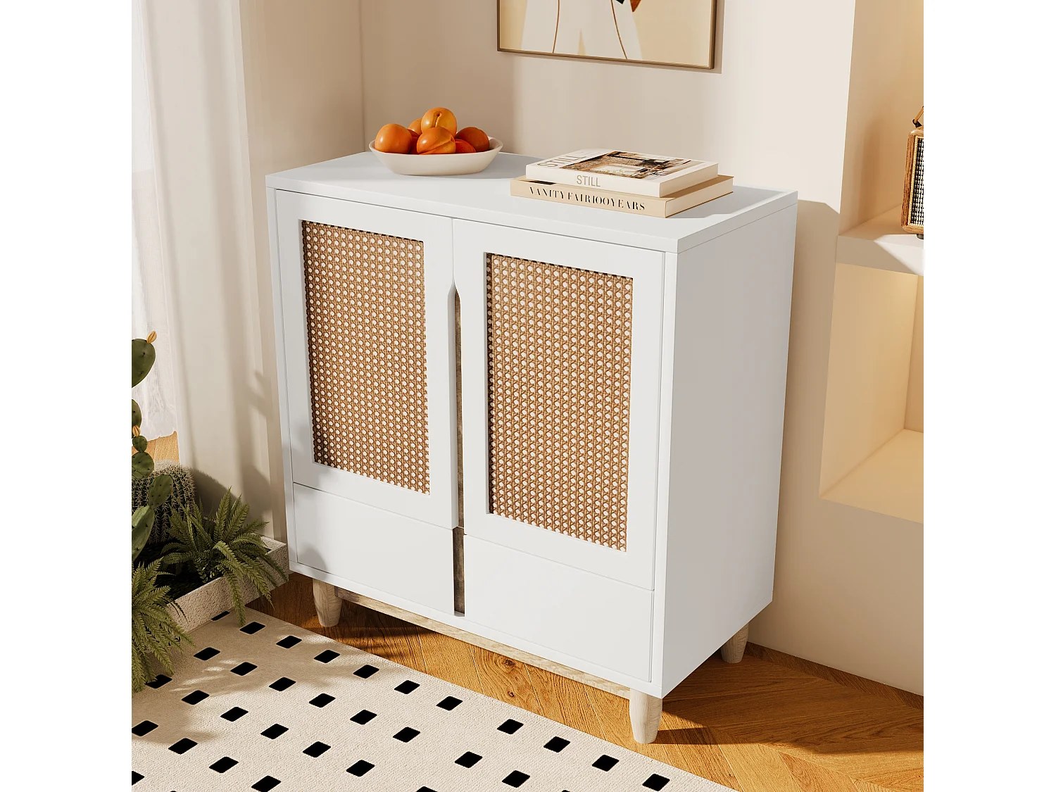 Dressoir met 4 deuren 2 lades - Rotan patroon - Massief houten poten - Wit + eiken