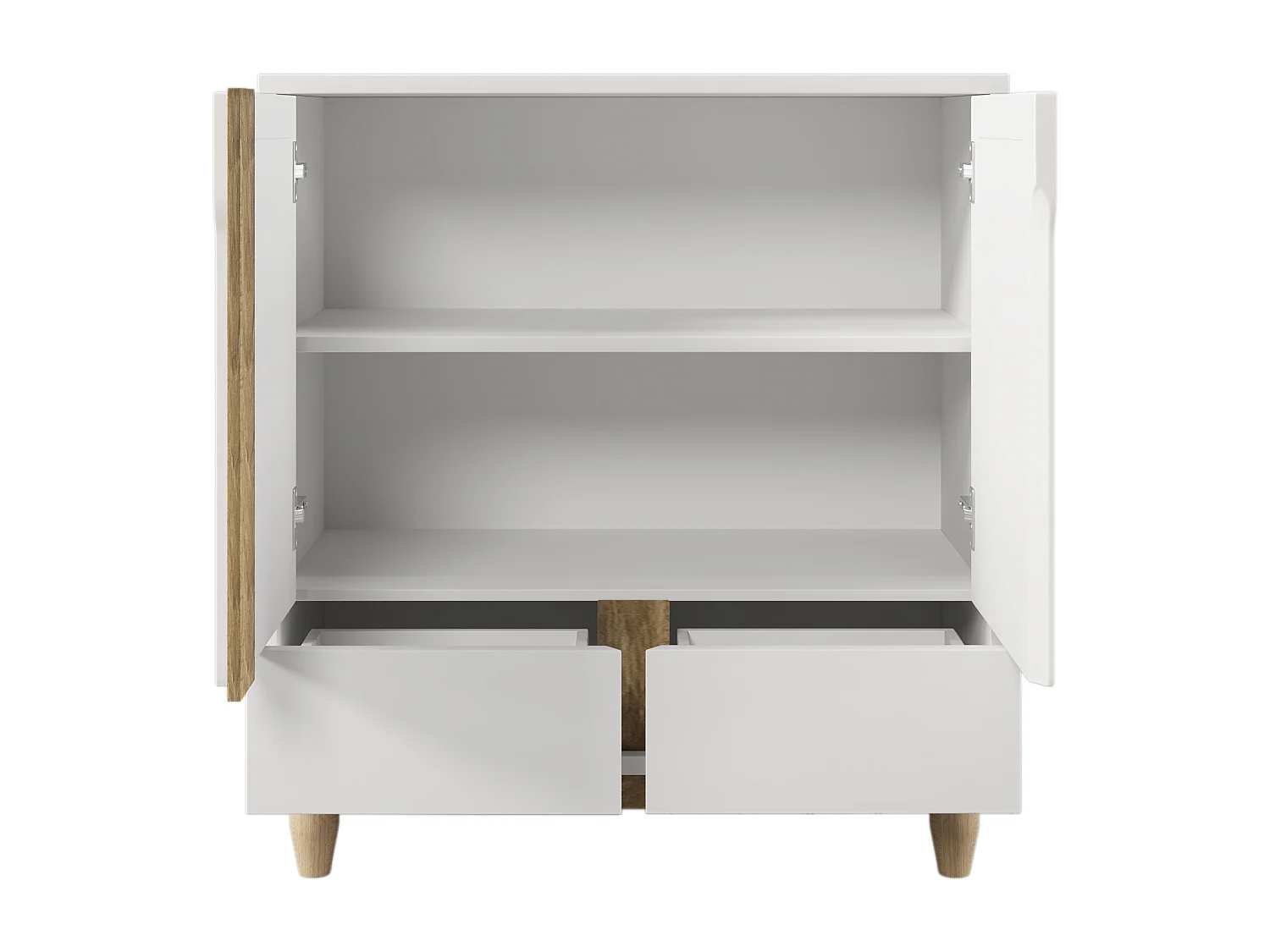 Dressoir met 4 deuren 2 lades - Rotan patroon - Massief houten poten - Wit + eiken