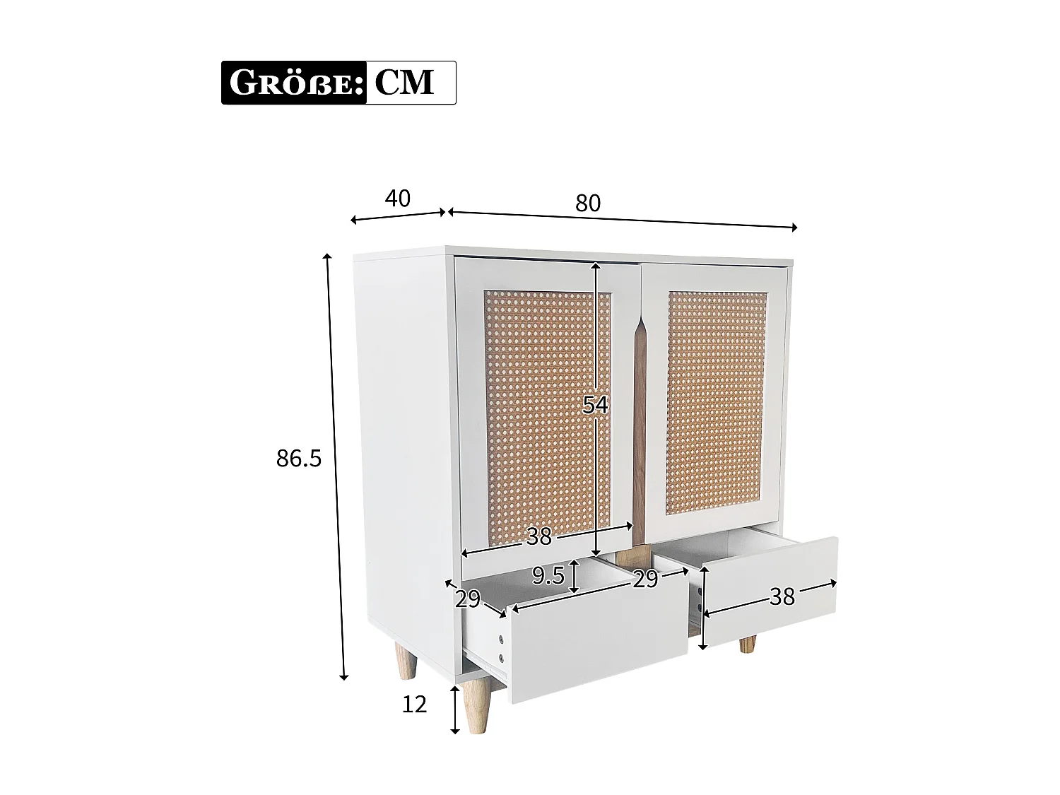 Dressoir met 4 deuren 2 lades - Rotan patroon - Massief houten poten - Wit + eiken