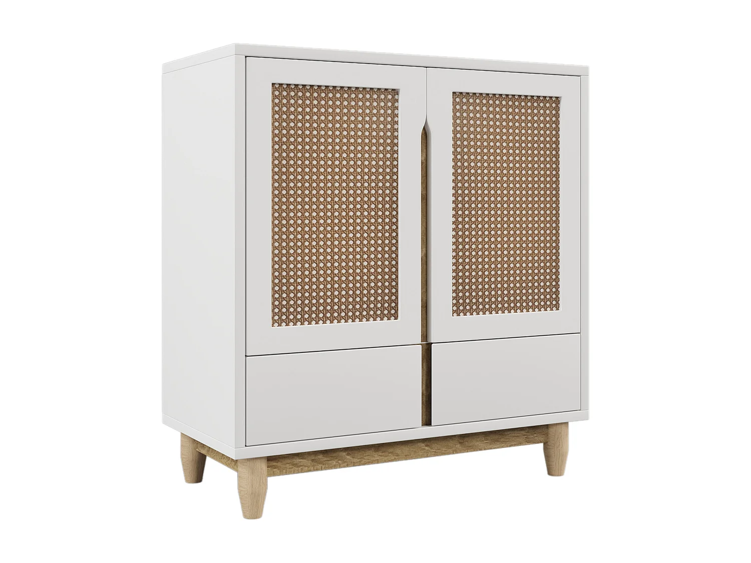 Dressoir met 4 deuren 2 lades - Rotan patroon - Massief houten poten - Wit + eiken