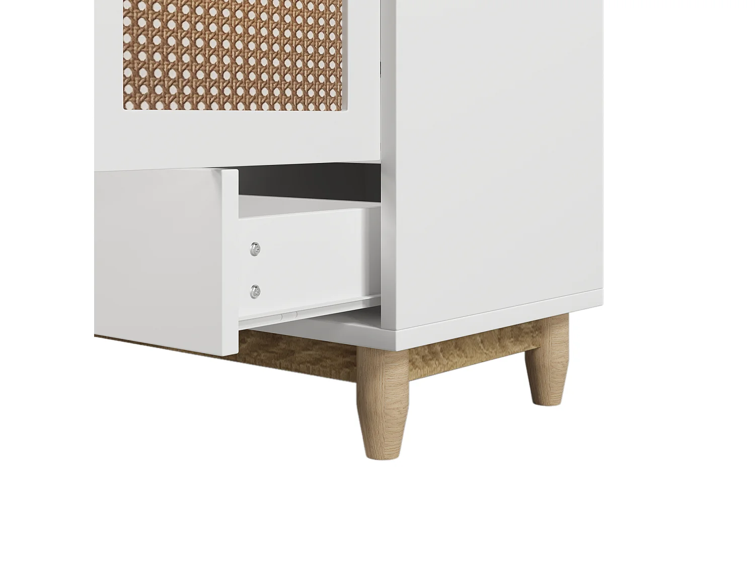 Dressoir met 4 deuren 2 lades - Rotan patroon - Massief houten poten - Wit + eiken