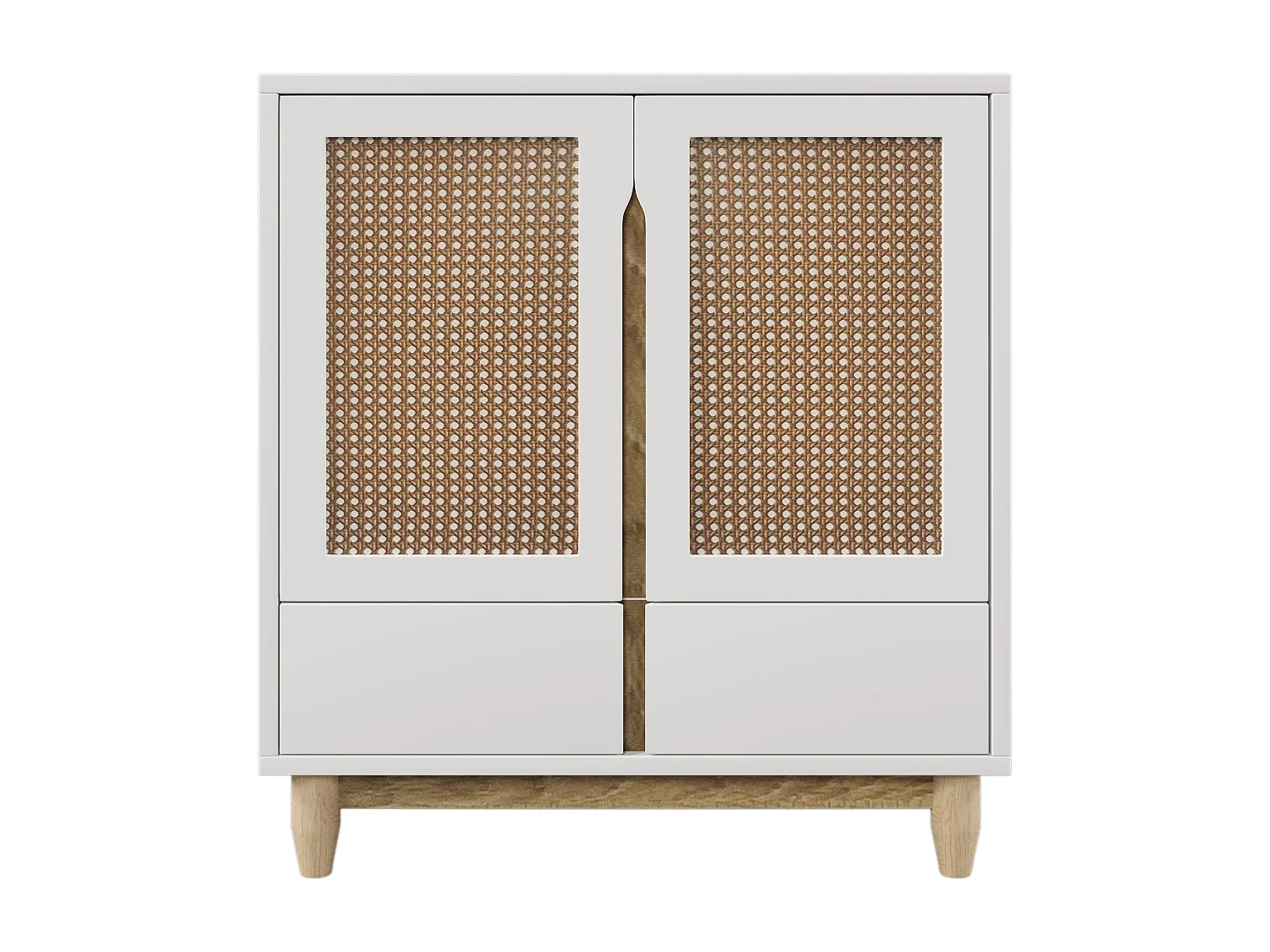 Dressoir met 4 deuren 2 lades - Rotan patroon - Massief houten poten - Wit + eiken
