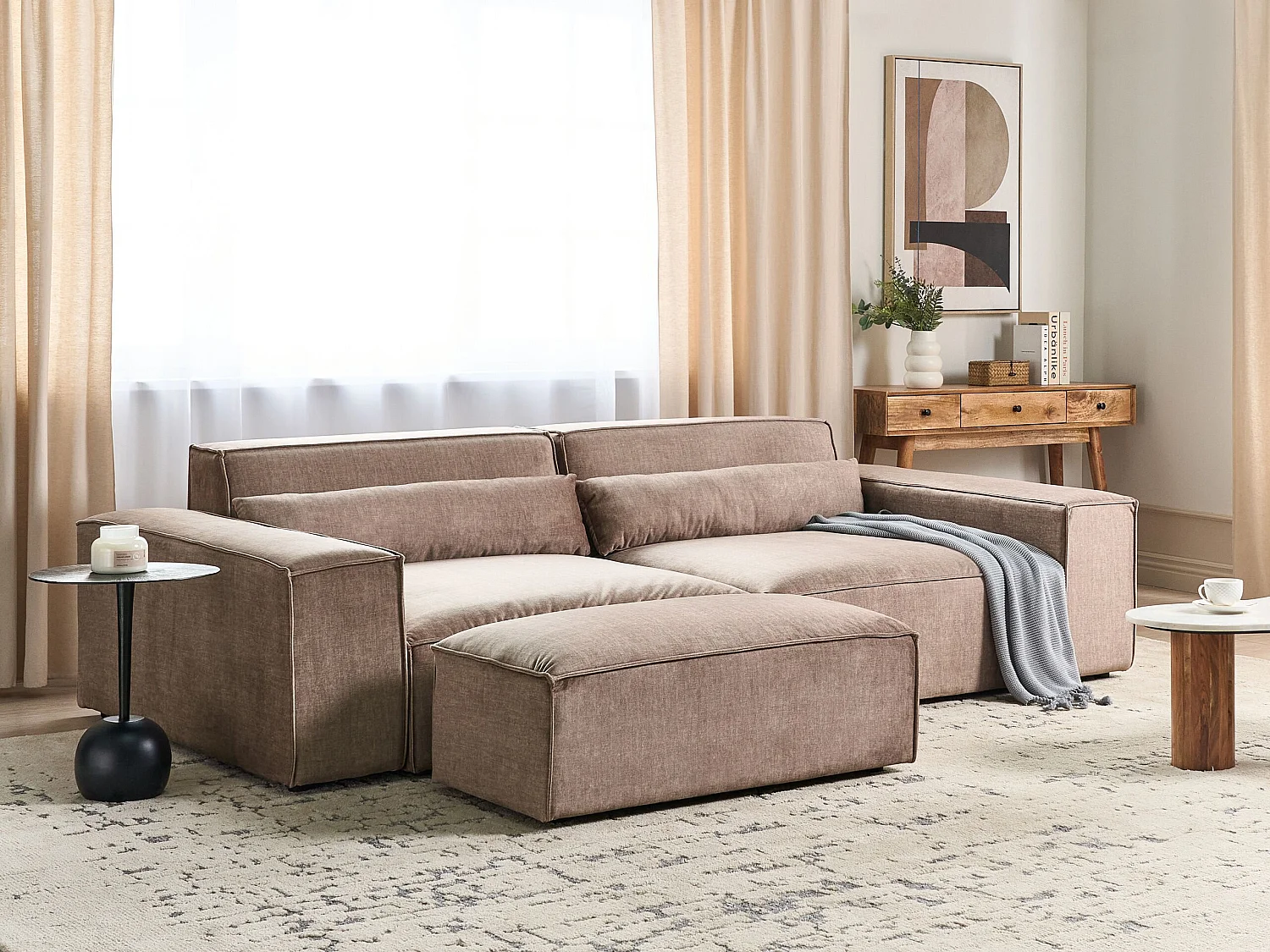 Modulsofa HELLNAR Stoff Hellbraun mit Ottomane 2-Sitzer