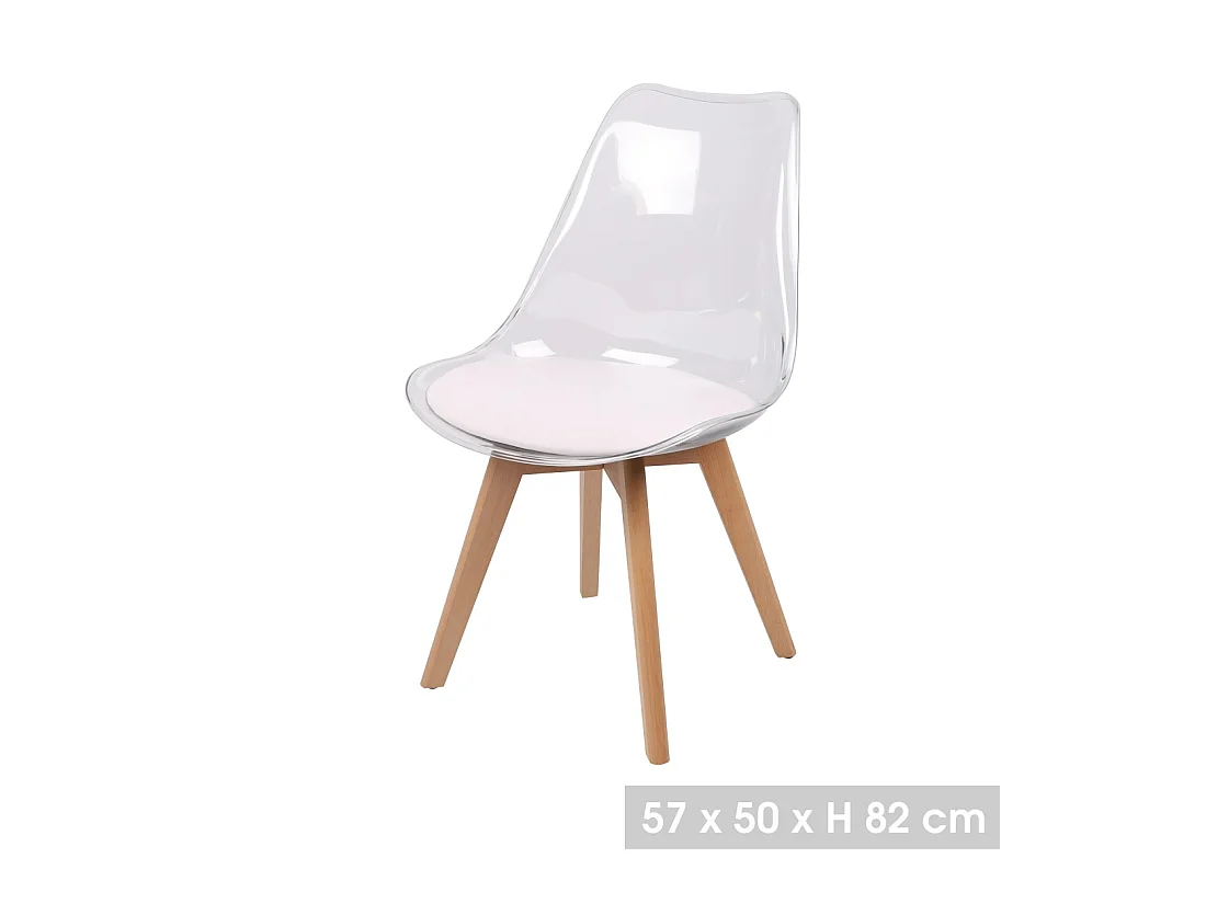 Lot de 4 chaises translucides avec assise en PU blanche et pieds en bois – Collection JOIE