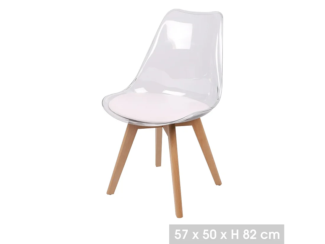 Lot de 4 chaises translucides avec assise en PU blanche et pieds en bois – Collection JOIE