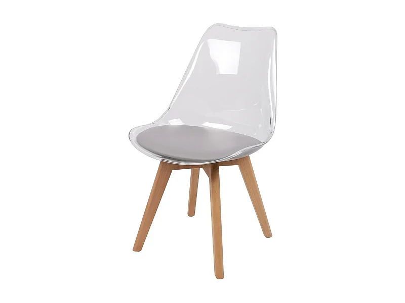 Set von 4 durchsichtigen Stühlen mit grauer PU-Sitzfläche und Holzbeinen – Kollektion JOIE