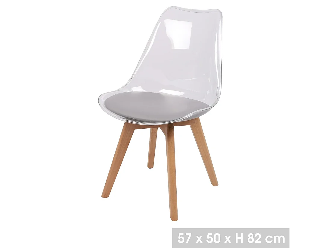 Set van 4 doorschijnende stoelen met grijs PU zitvlak en houten poten - Collectie JOIE