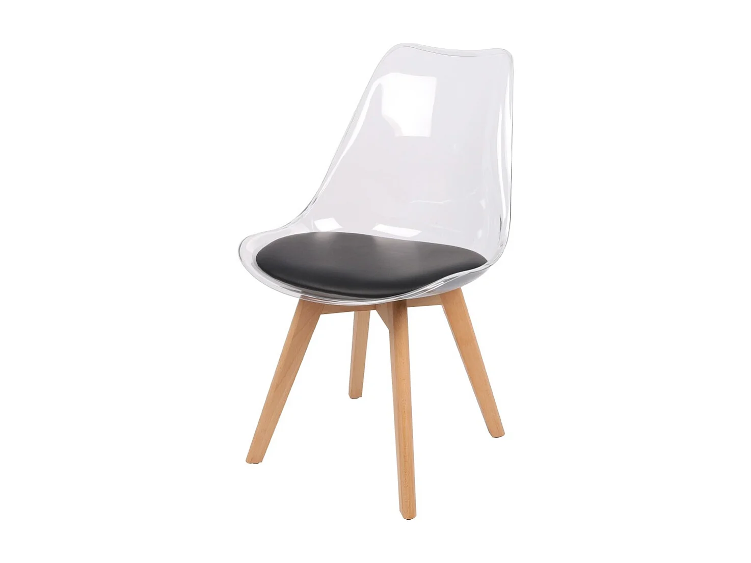 Set van 4 transparante stoelen met zwart PU zitvlak en houten poten - Collectie JOIE