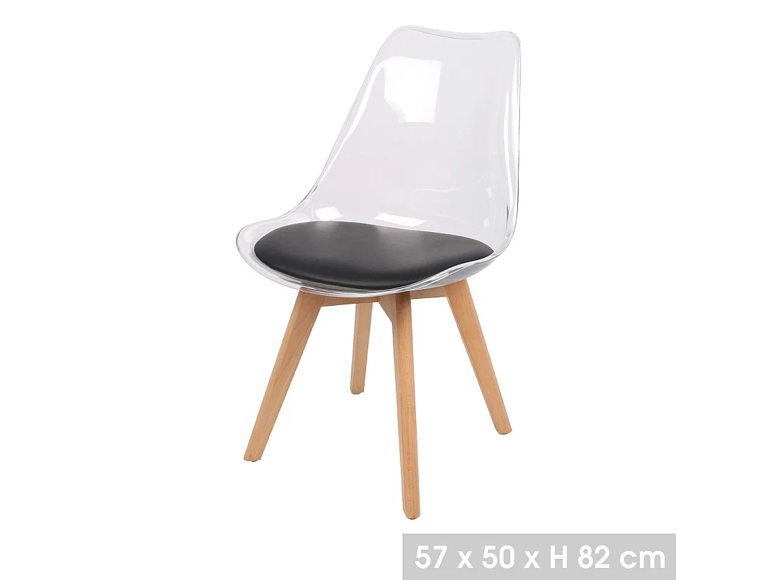 Set van 4 transparante stoelen met zwart PU zitvlak en houten poten - Collectie JOIE