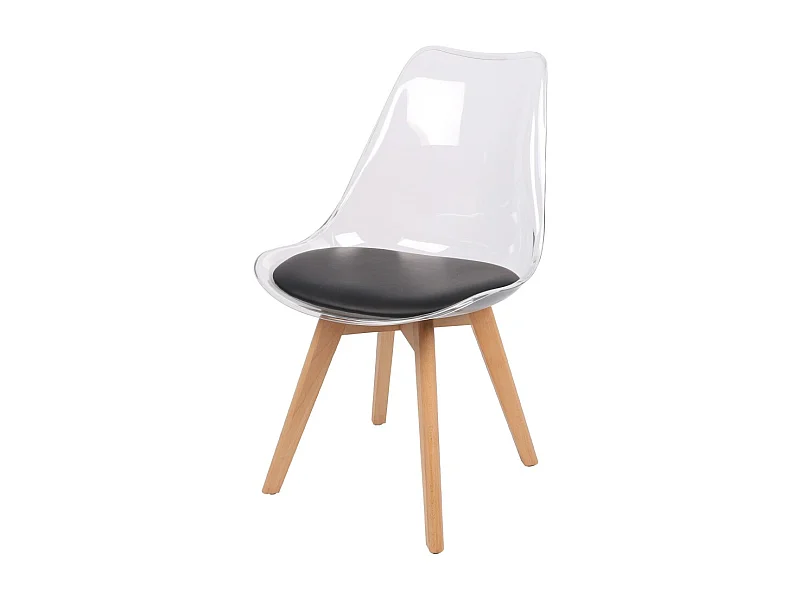 Lot de 4 chaises translucides avec assise en PU noir et pieds en bois – Collection JOIE