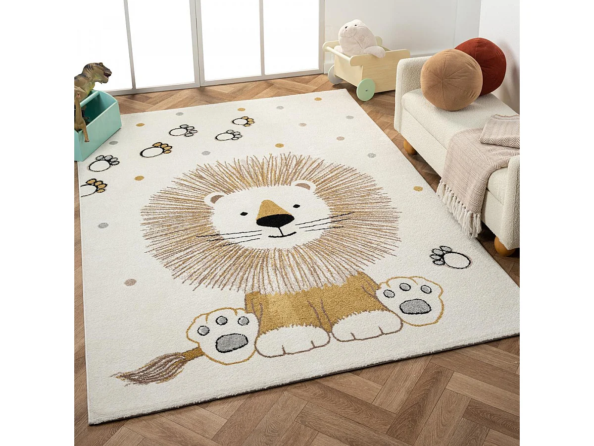Tapis enfant 200x290 rectangle tissé crème motif animaux SWEETLION