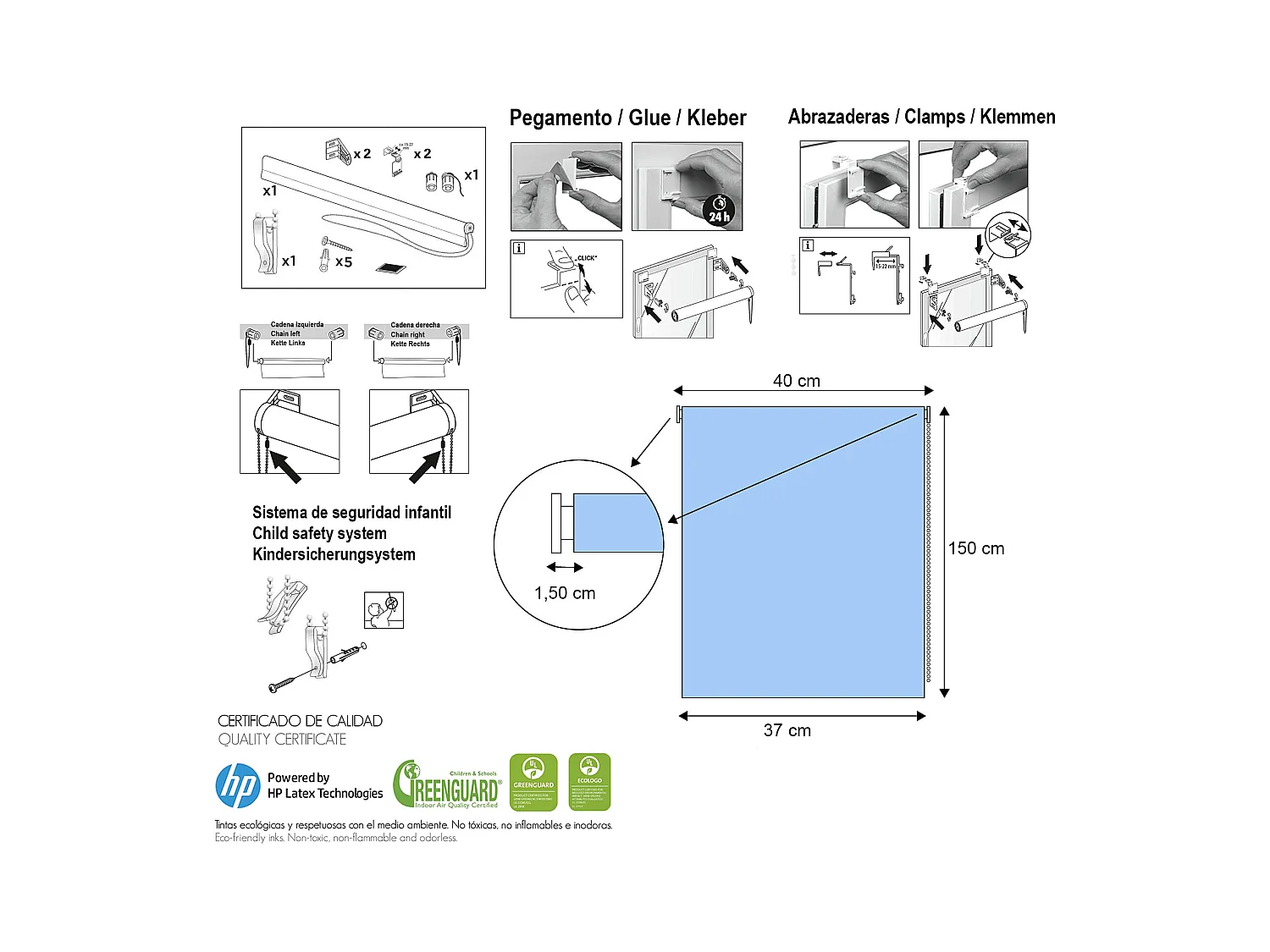 ESTORALIS | Estores Personalizados Easyfix de COCINA | 40 x 150 cm (Ancho por Alto) Tamaño de Tela 37 x 150 cm | Modelo C-1083 Color Unico