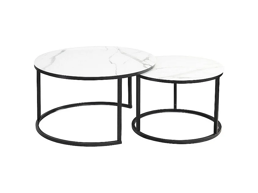 Lot de 2 tables gigognes ATLANTA rondes en métal ett verre effet marbre - Blanc / Noir - D 80 x H 45 cm.