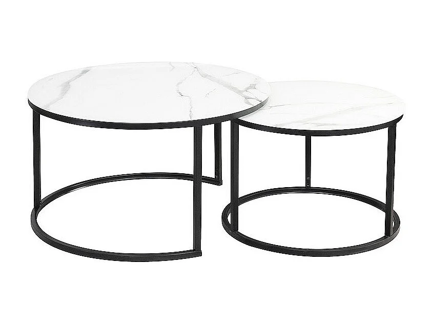 Lot de 2 tables gigognes ATLANTA rondes en métal ett verre effet marbre - Blanc / Noir - D 80 x H 45 cm.