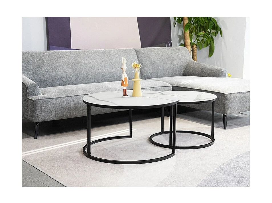 Lot de 2 tables gigognes ATLANTA rondes en métal ett verre effet marbre - Blanc / Noir - D 80 x H 45 cm.
