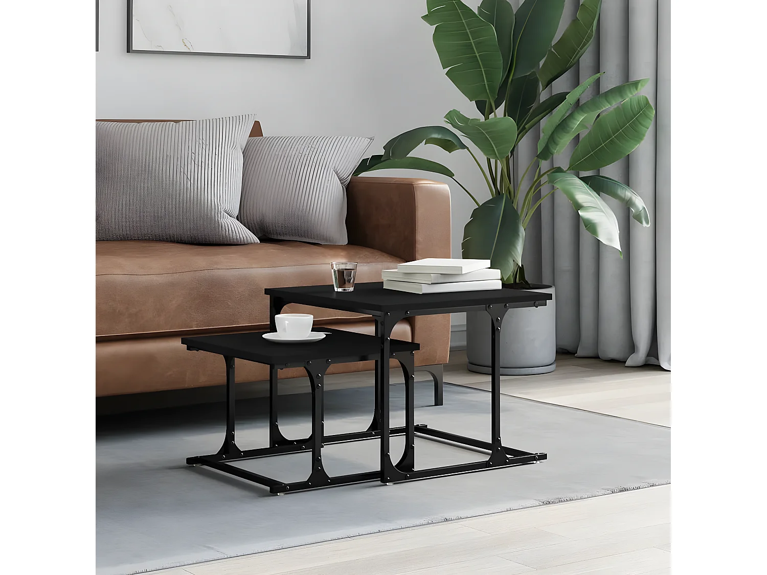 Table basse gigogne 2 pcs noir bois d'ingénierie