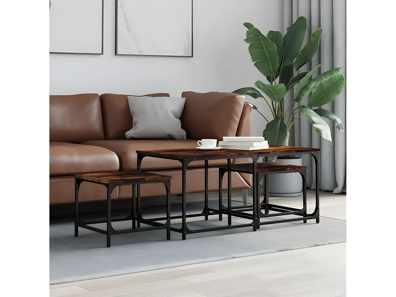 Tables basses gigognes 3 pcs chêne fumé bois d'ingénierie