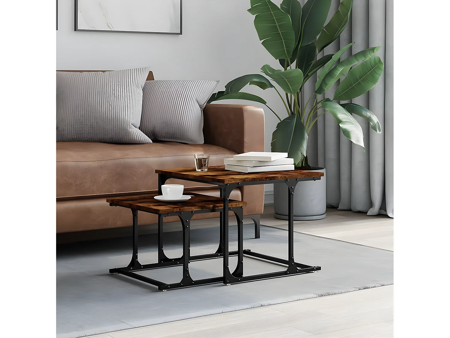 Table basse gigogne 2 pcs chêne fumé bois d'ingénierie