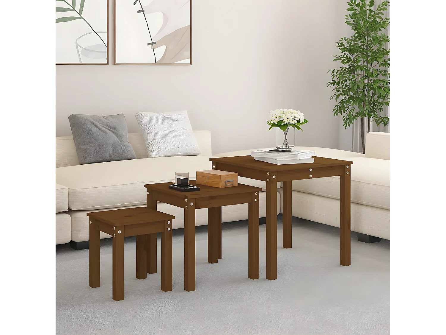 Tables gigognes 3 pcs Marron miel Bois de pin massif