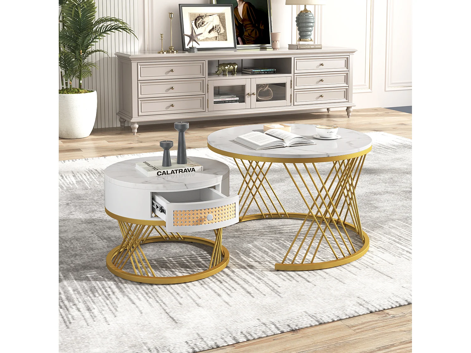 Mesa de centro redonda 2 em 1 MDF efeito mármore com gavetas rattan branco 70x70+50x50 cm
