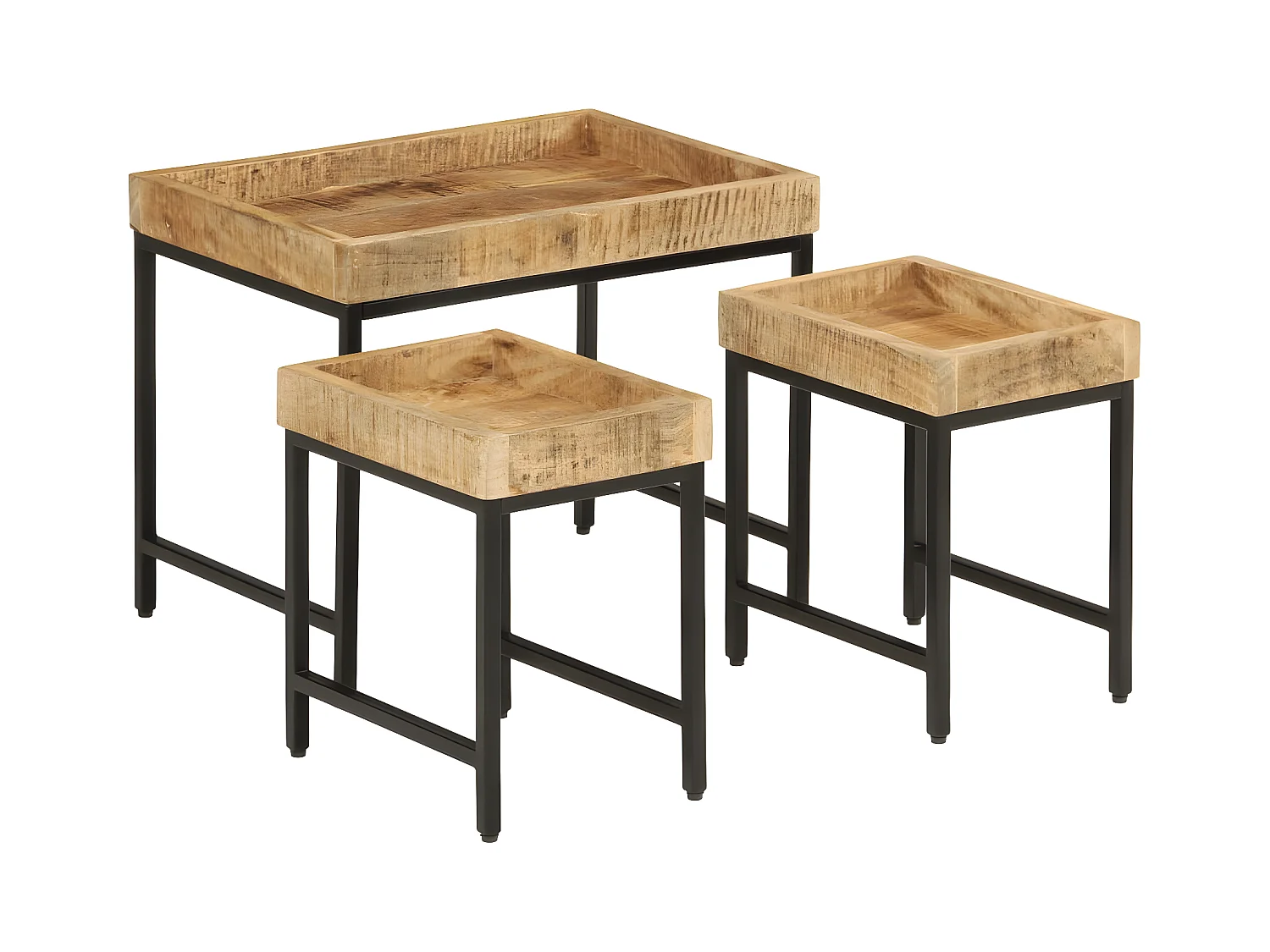 Tables basses gigognes 3pcs bois de manguier massif brut et fer