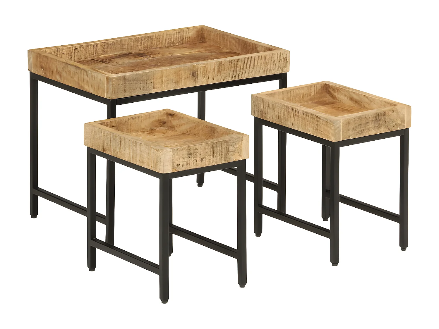 Tables basses gigognes 3pcs bois de manguier massif brut et fer