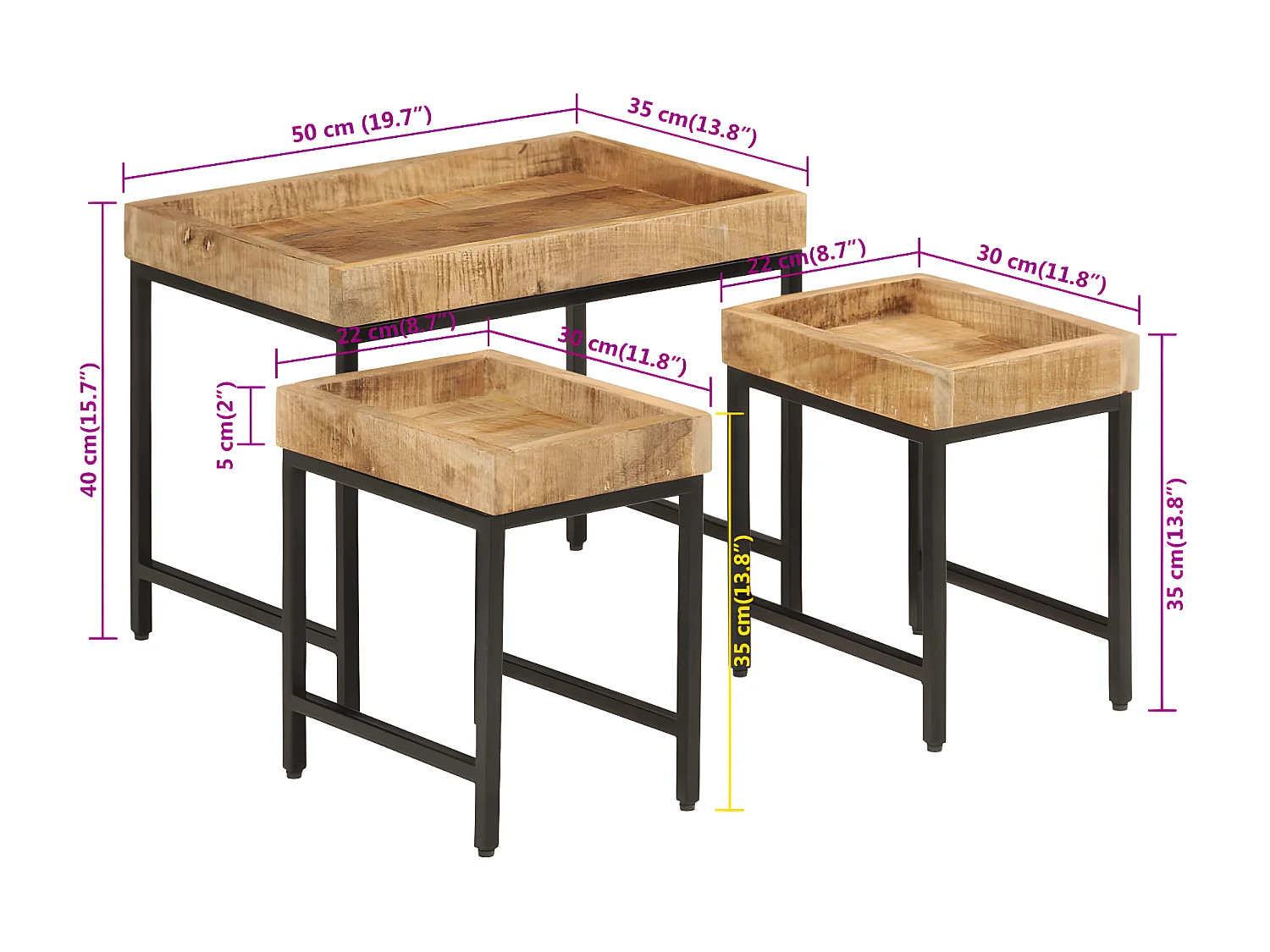 Tables basses gigognes 3pcs bois de manguier massif brut et fer