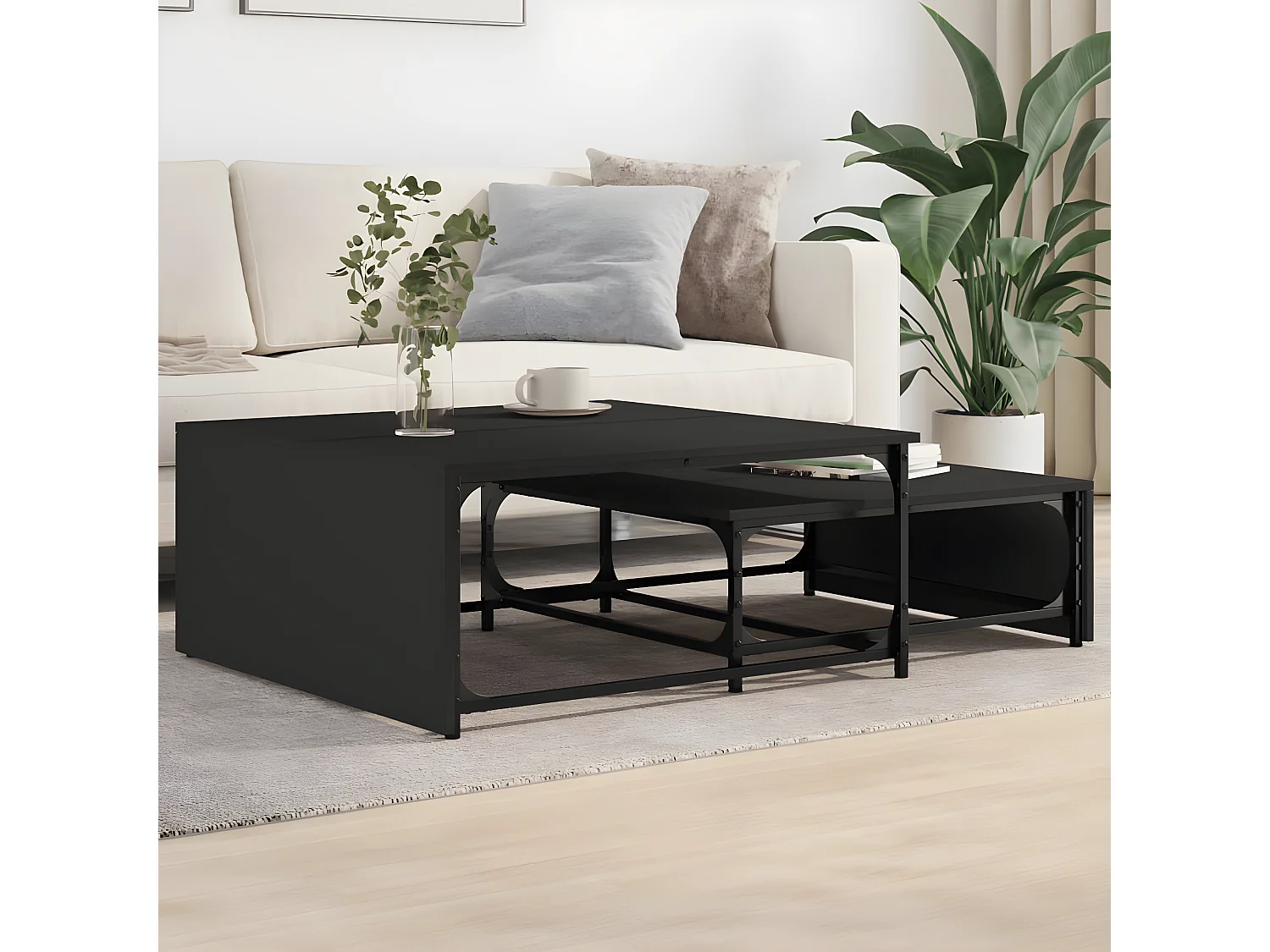 Tables basses gigognes 2 pcs noir bois d'ingénierie et métal