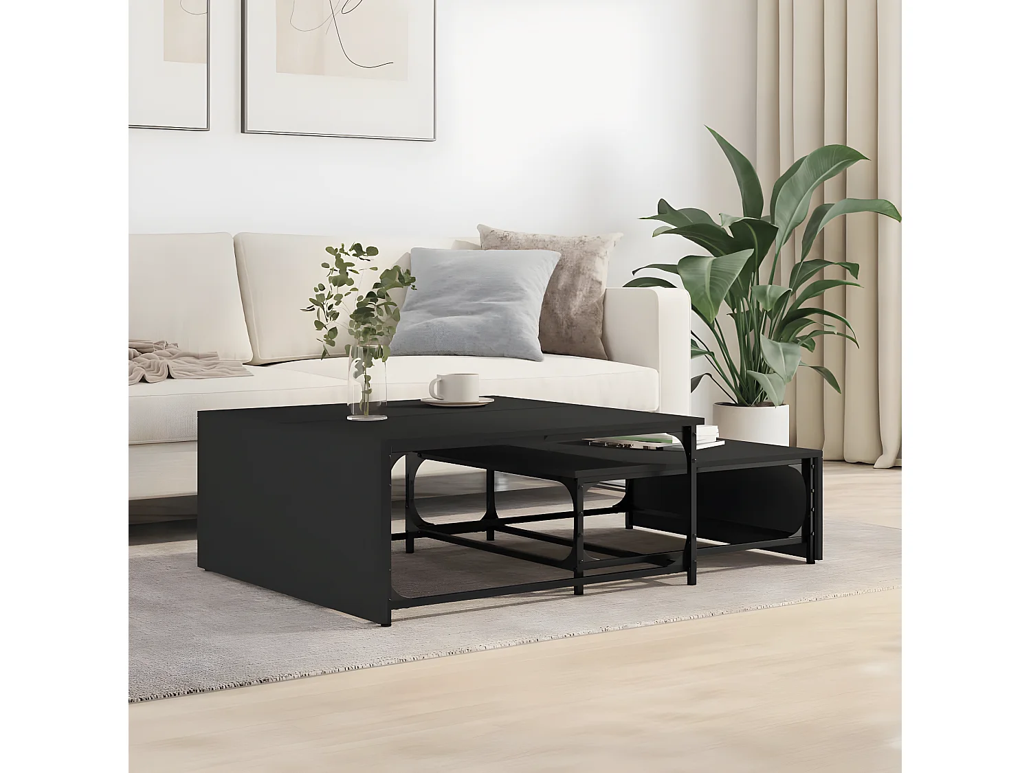 Tables basses gigognes 2 pcs noir bois d'ingénierie et métal