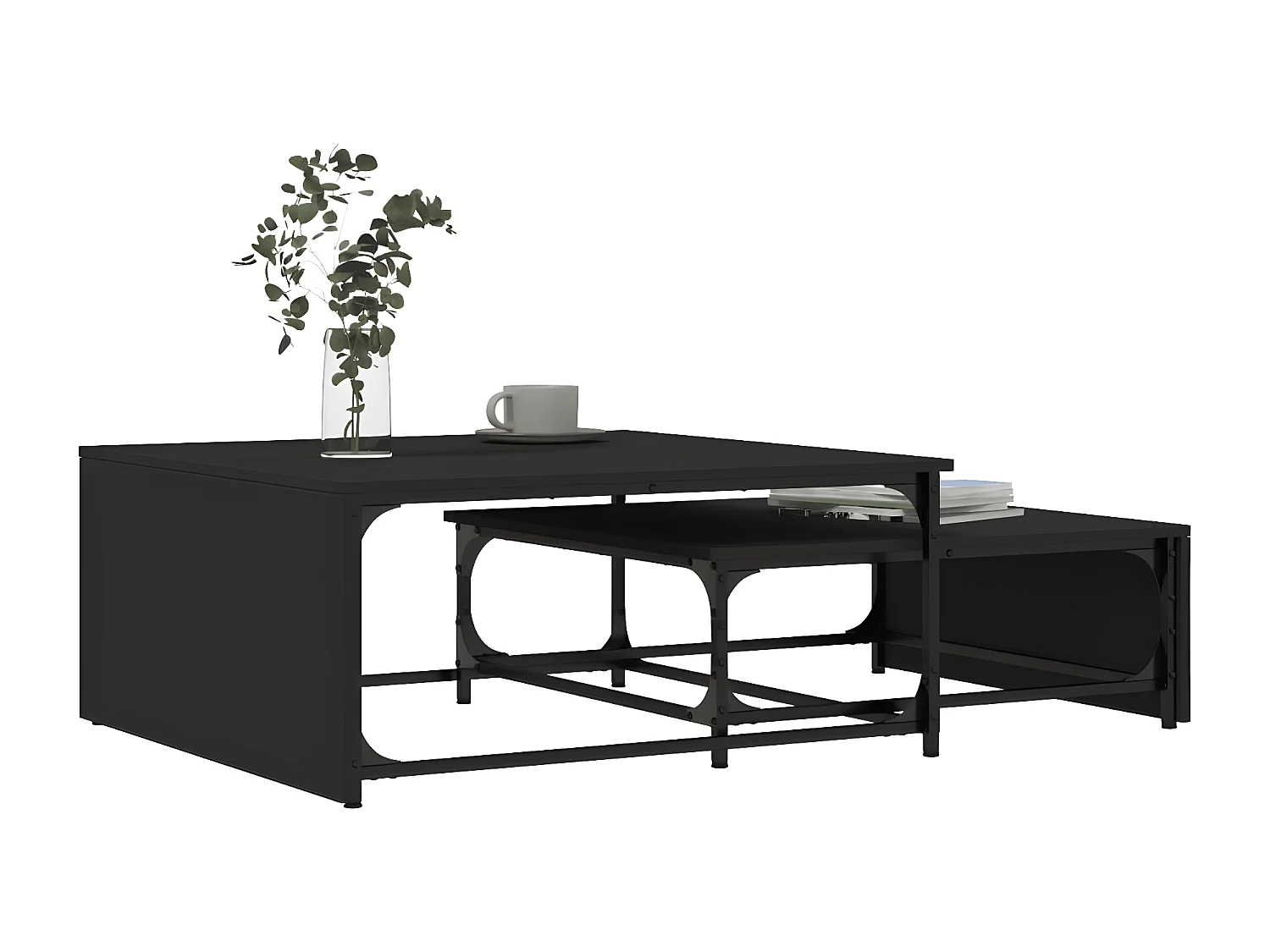 Tables basses gigognes 2 pcs noir bois d'ingénierie et métal