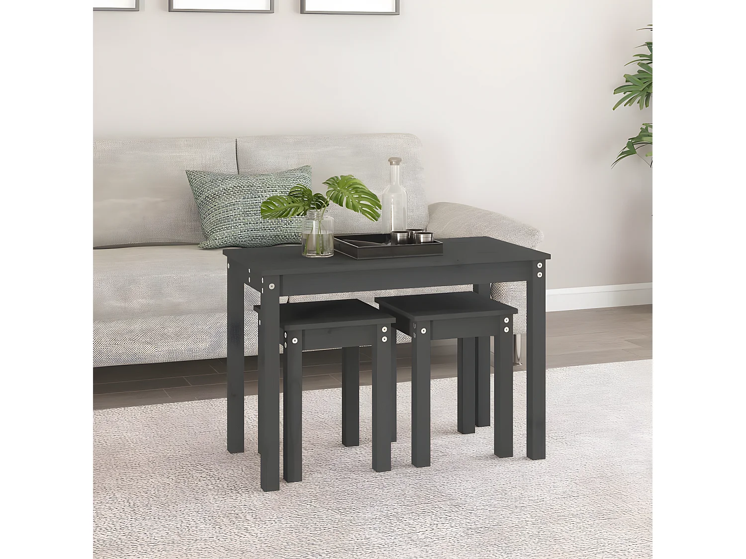 Tables gigognes 3 pcs Gris Bois de pin massif
