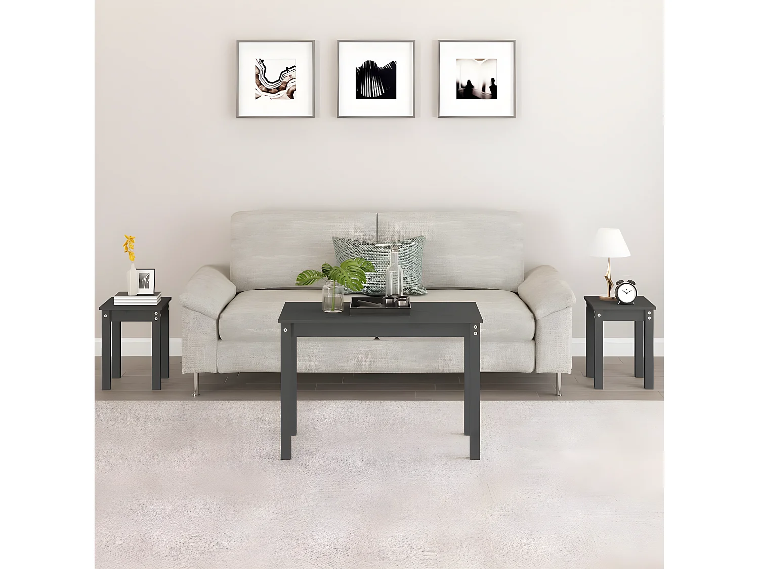 Tables gigognes 3 pcs Gris Bois de pin massif