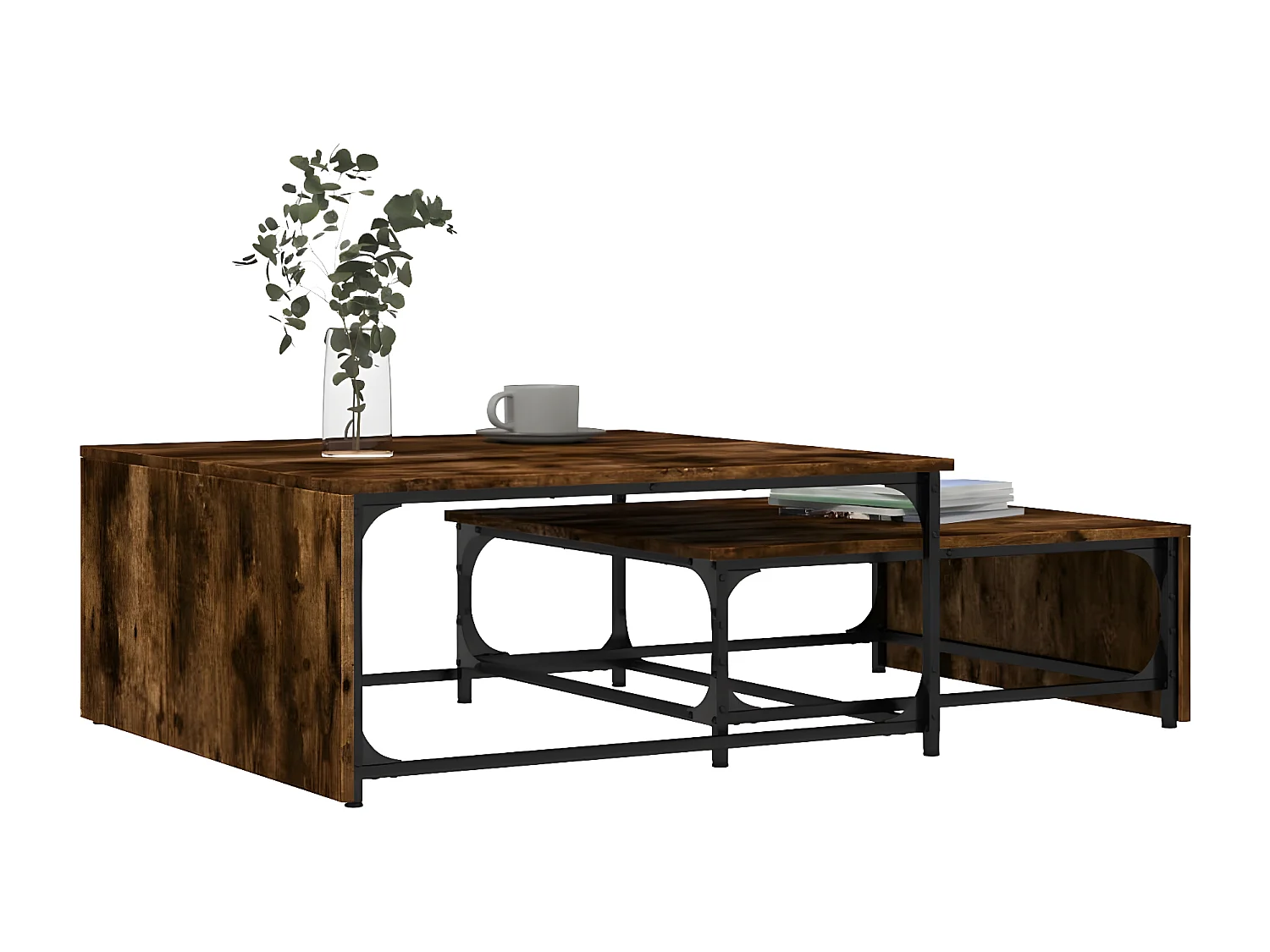 2-delige Salontafelset bewerkt hout en metaal gerookt eiken