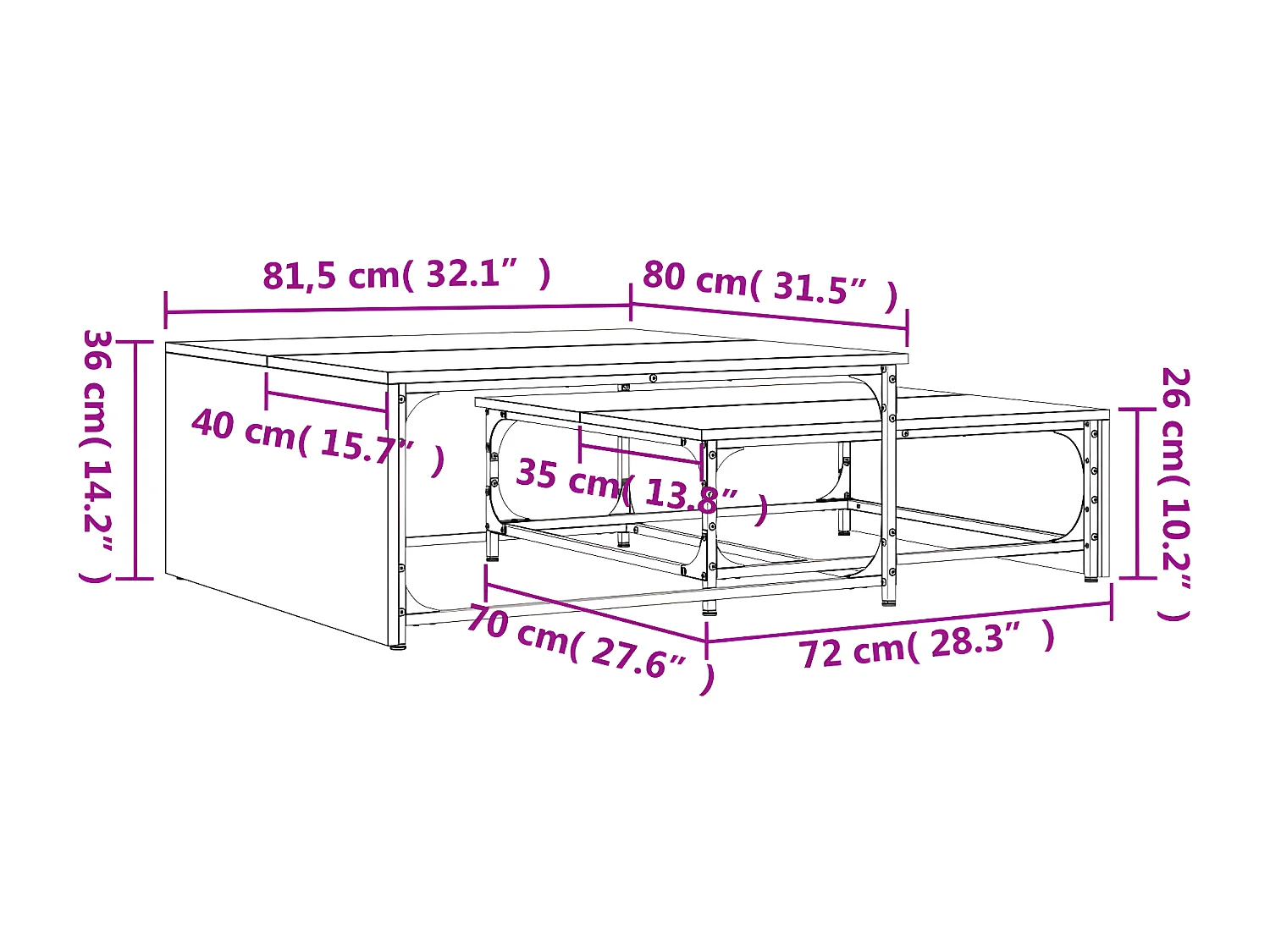 2-delige Salontafelset bewerkt hout en metaal gerookt eiken