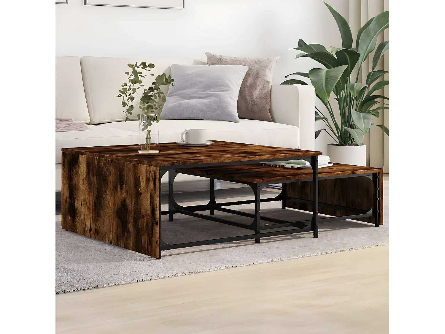 2-delige Salontafelset bewerkt hout en metaal gerookt eiken