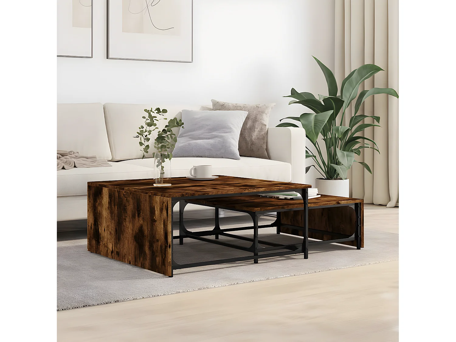 2-delige Salontafelset bewerkt hout en metaal gerookt eiken