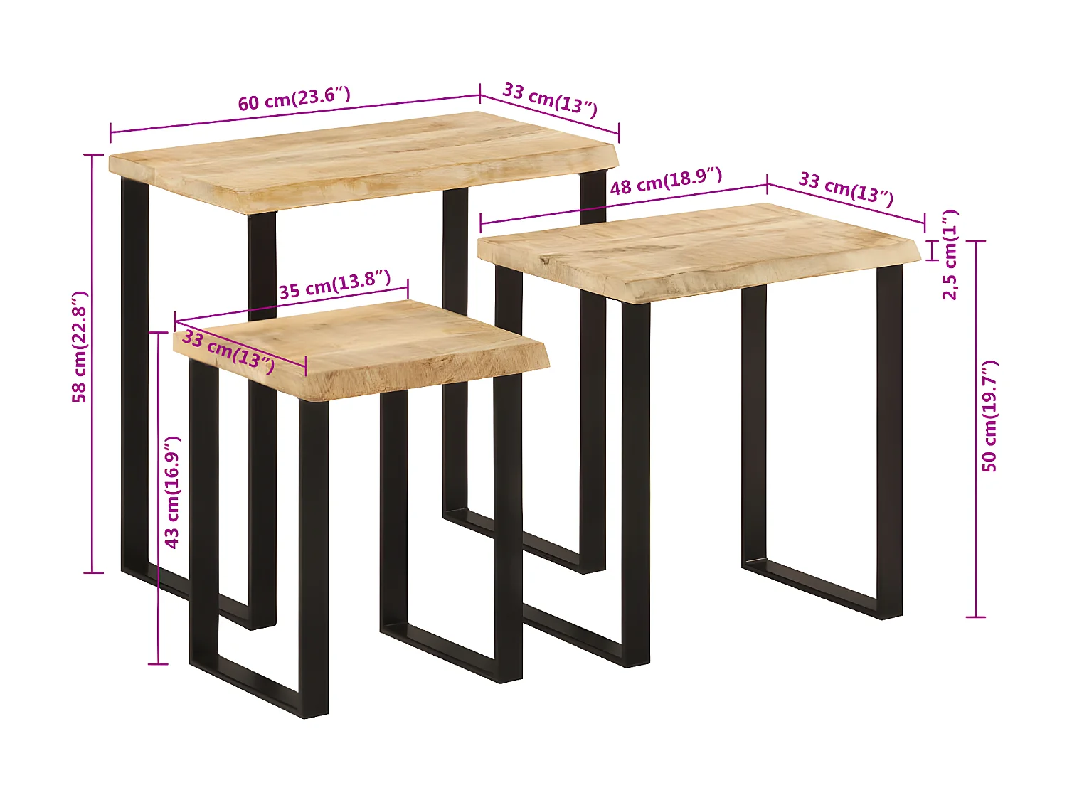 Tables gigognes 3 pcs avec bord vivant bois de manguier massif