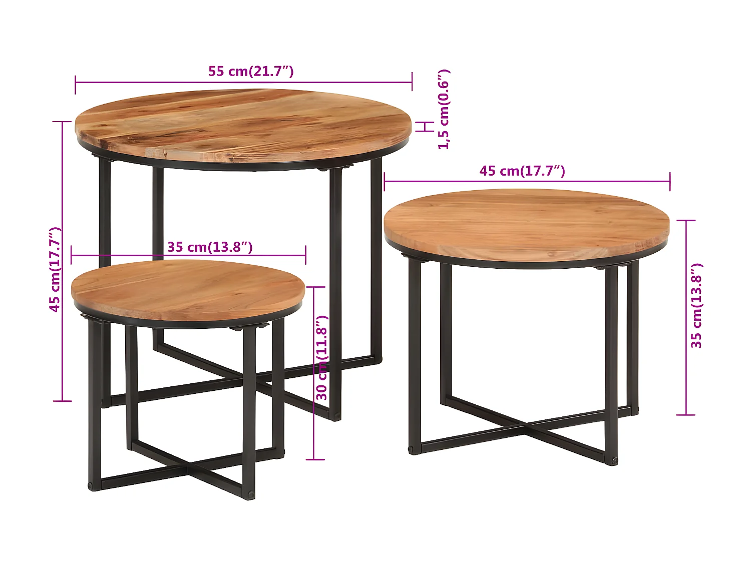 Tables basses gigognes 3 pcs bois massif d'acacia et fer