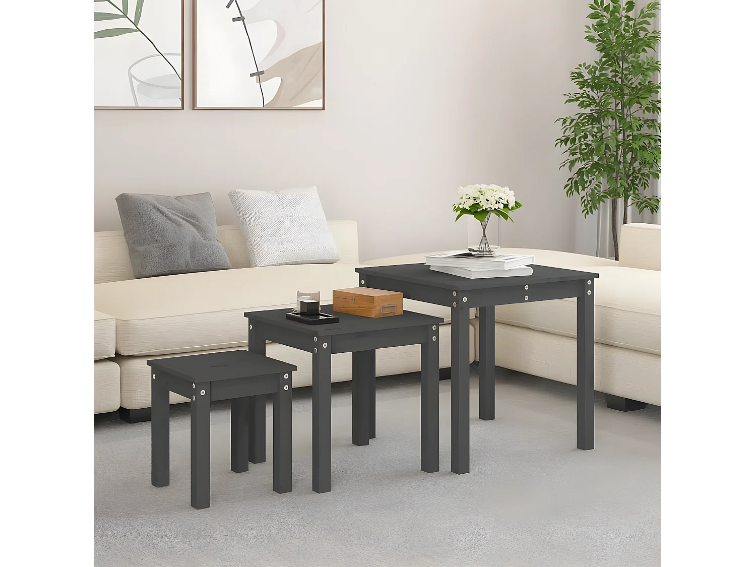 Tables gigognes 3 pcs Gris Bois de pin massif