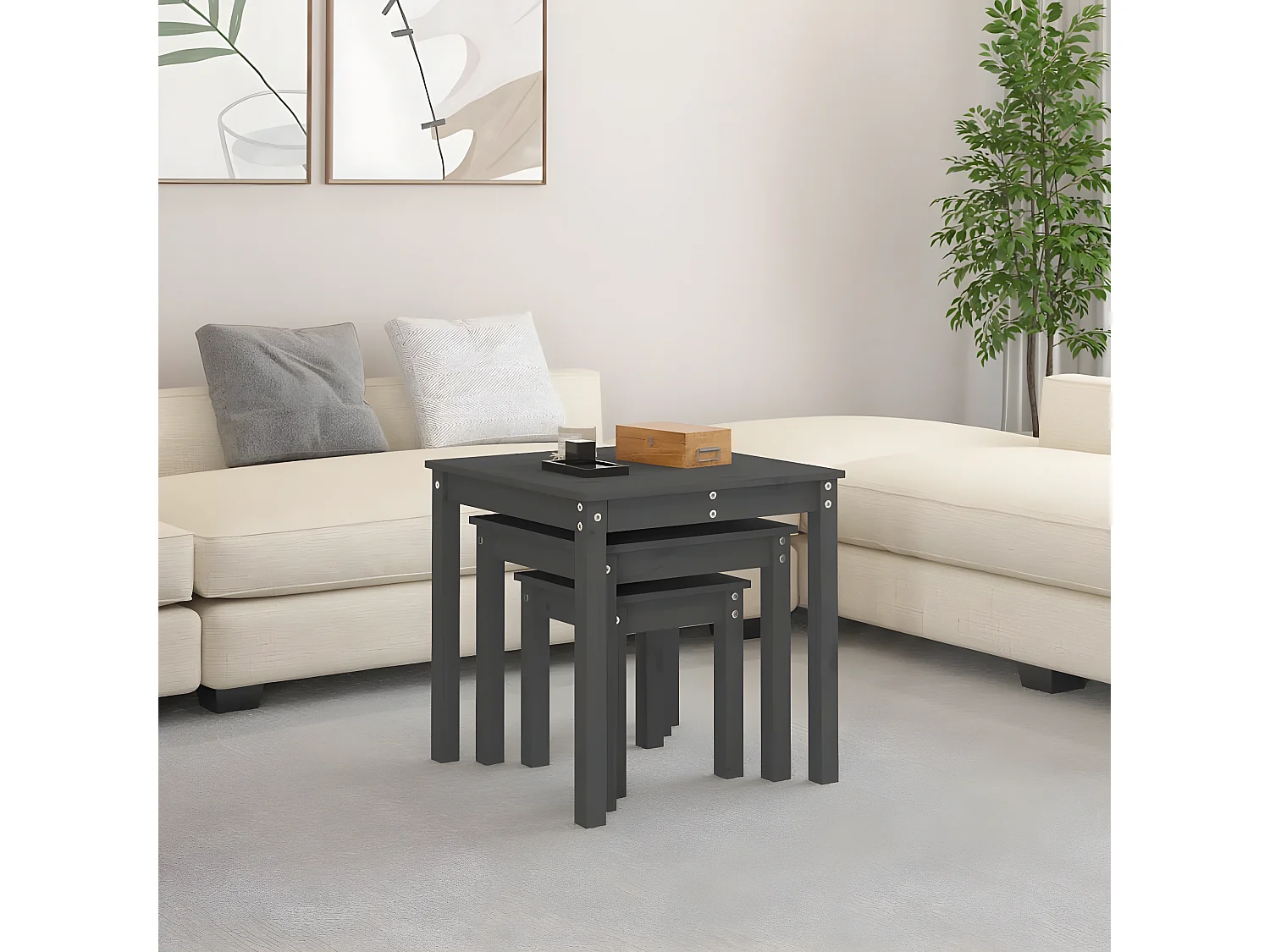 Tables gigognes 3 pcs Gris Bois de pin massif
