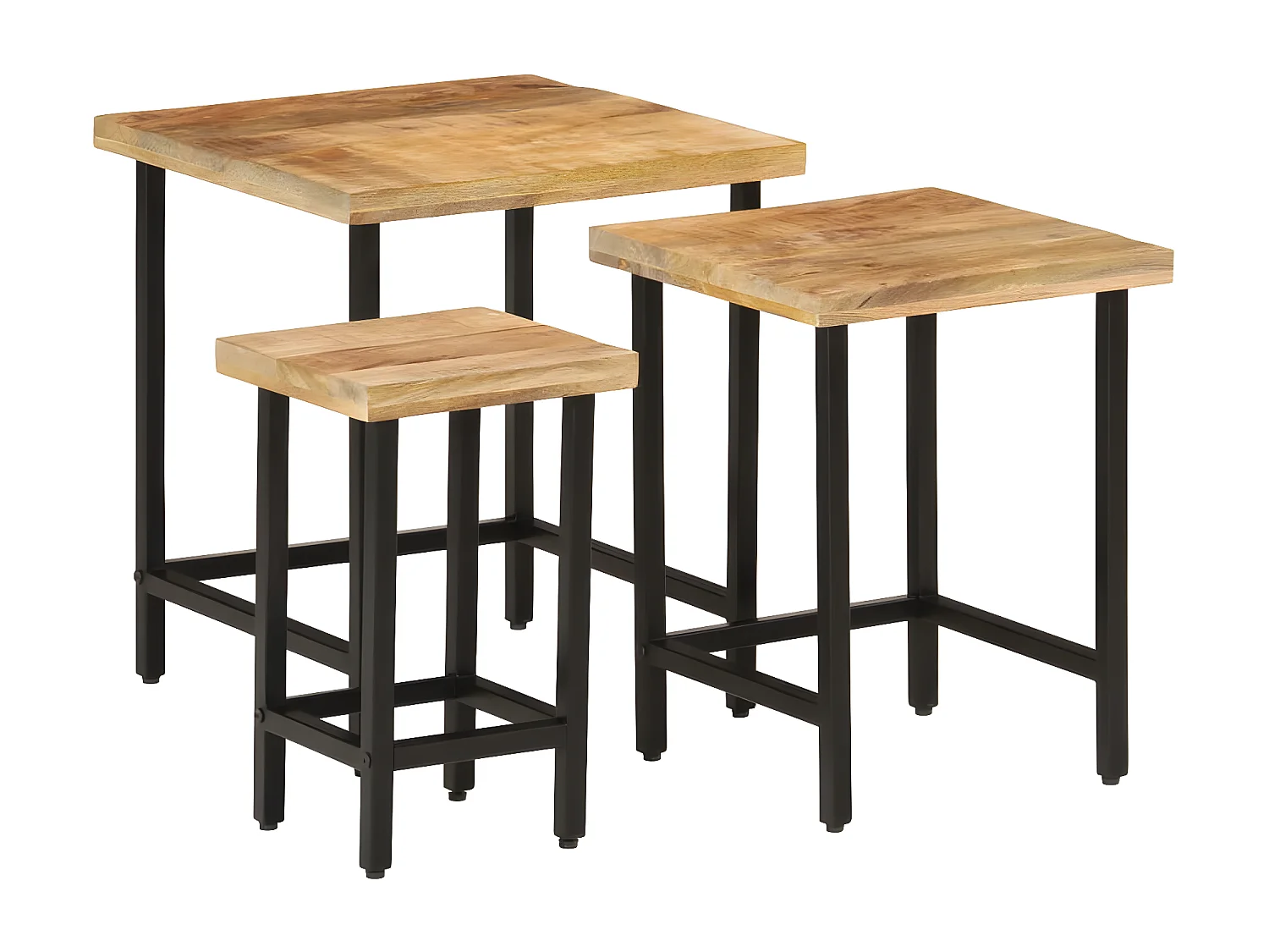 3-delige Salontafelset massief ruw mangohout en ijzer