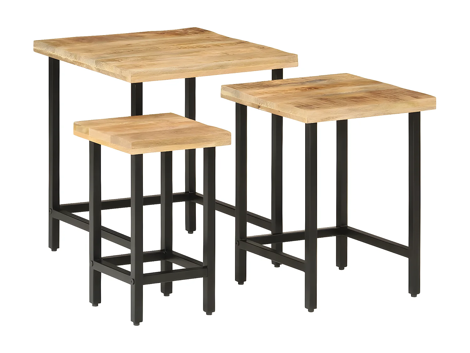 3-delige Salontafelset massief ruw mangohout en ijzer