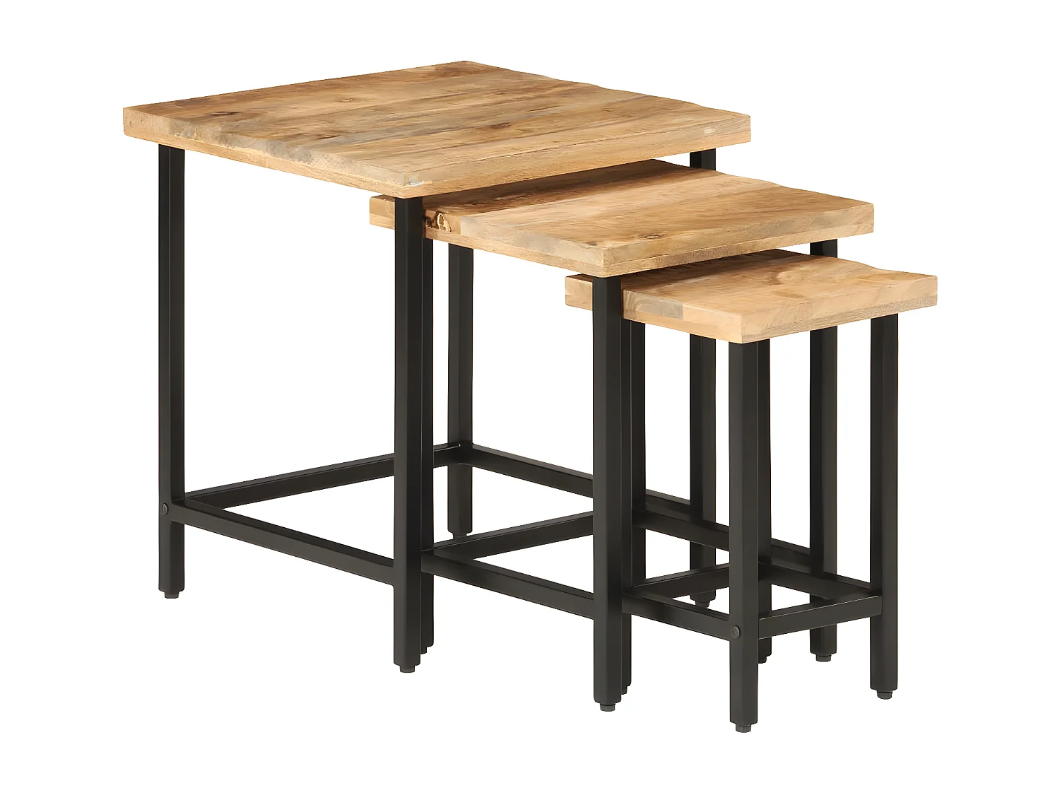 3-delige Salontafelset massief ruw mangohout en ijzer