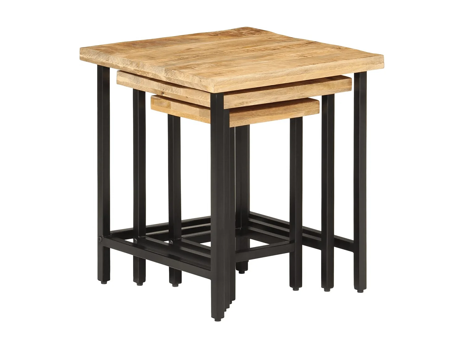 3-delige Salontafelset massief ruw mangohout en ijzer