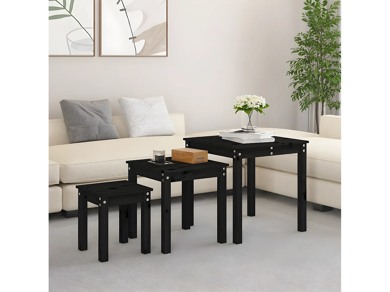 Tables gigognes 3 pcs Noir Bois de pin massif