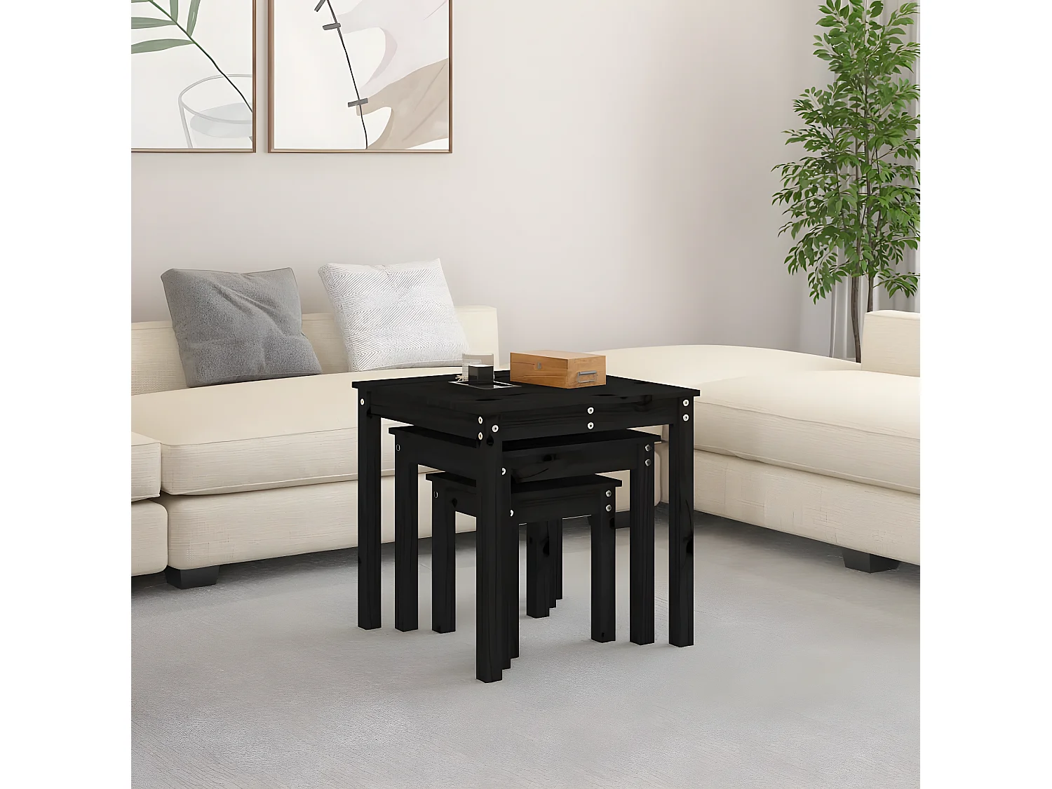 Tables gigognes 3 pcs Noir Bois de pin massif