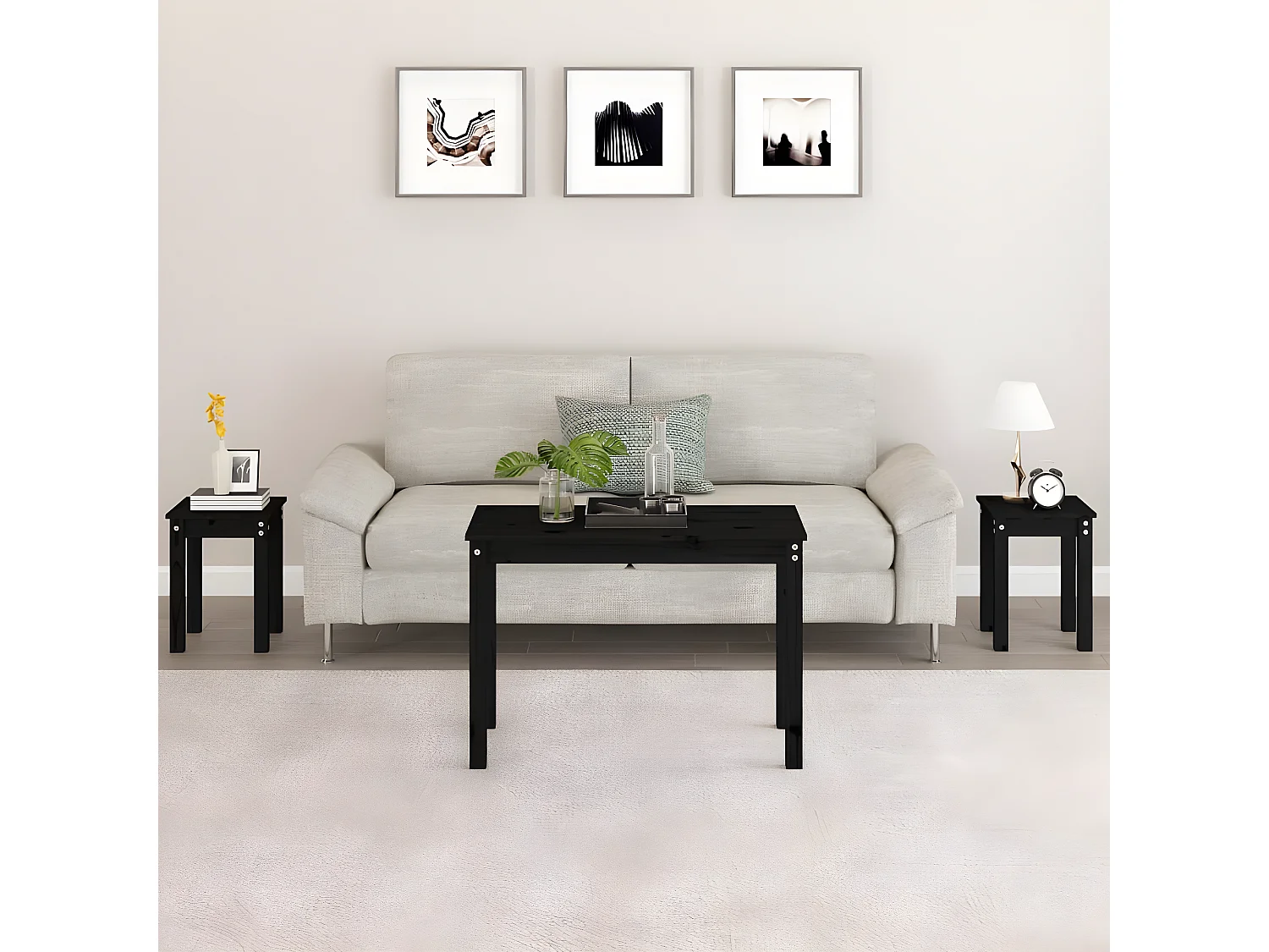 Tables gigognes 3 pcs Noir Bois de pin massif