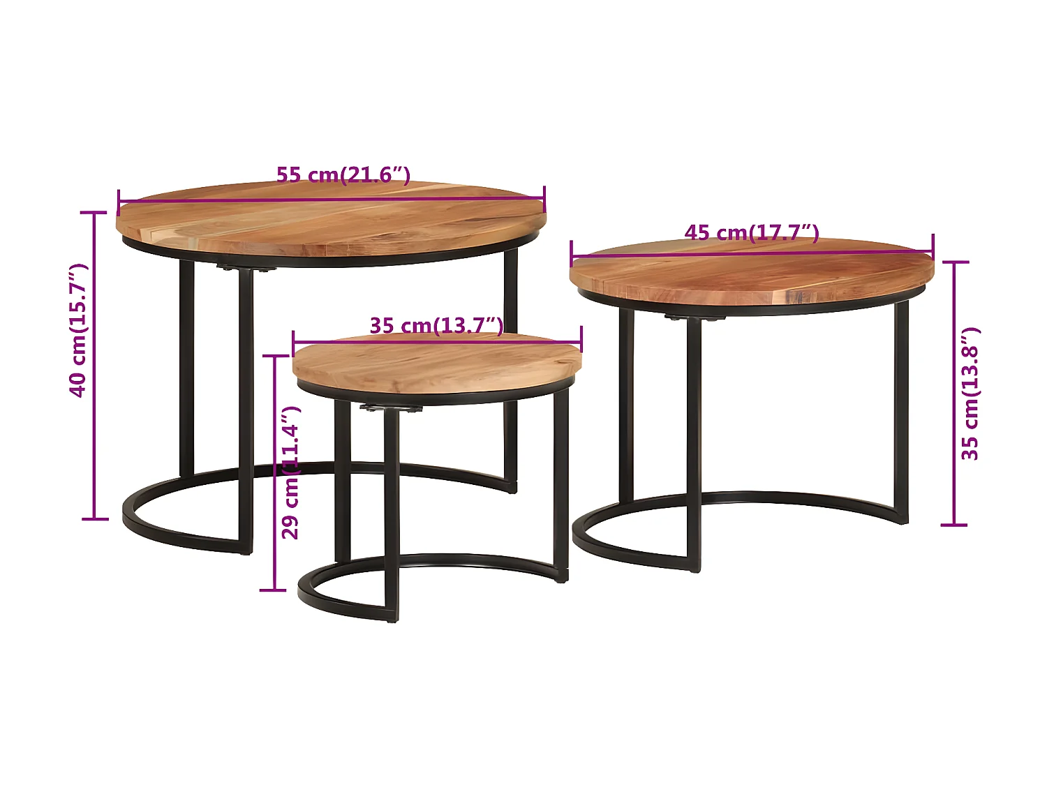 Tables gigognes 3 pcs bois massif d'acacia